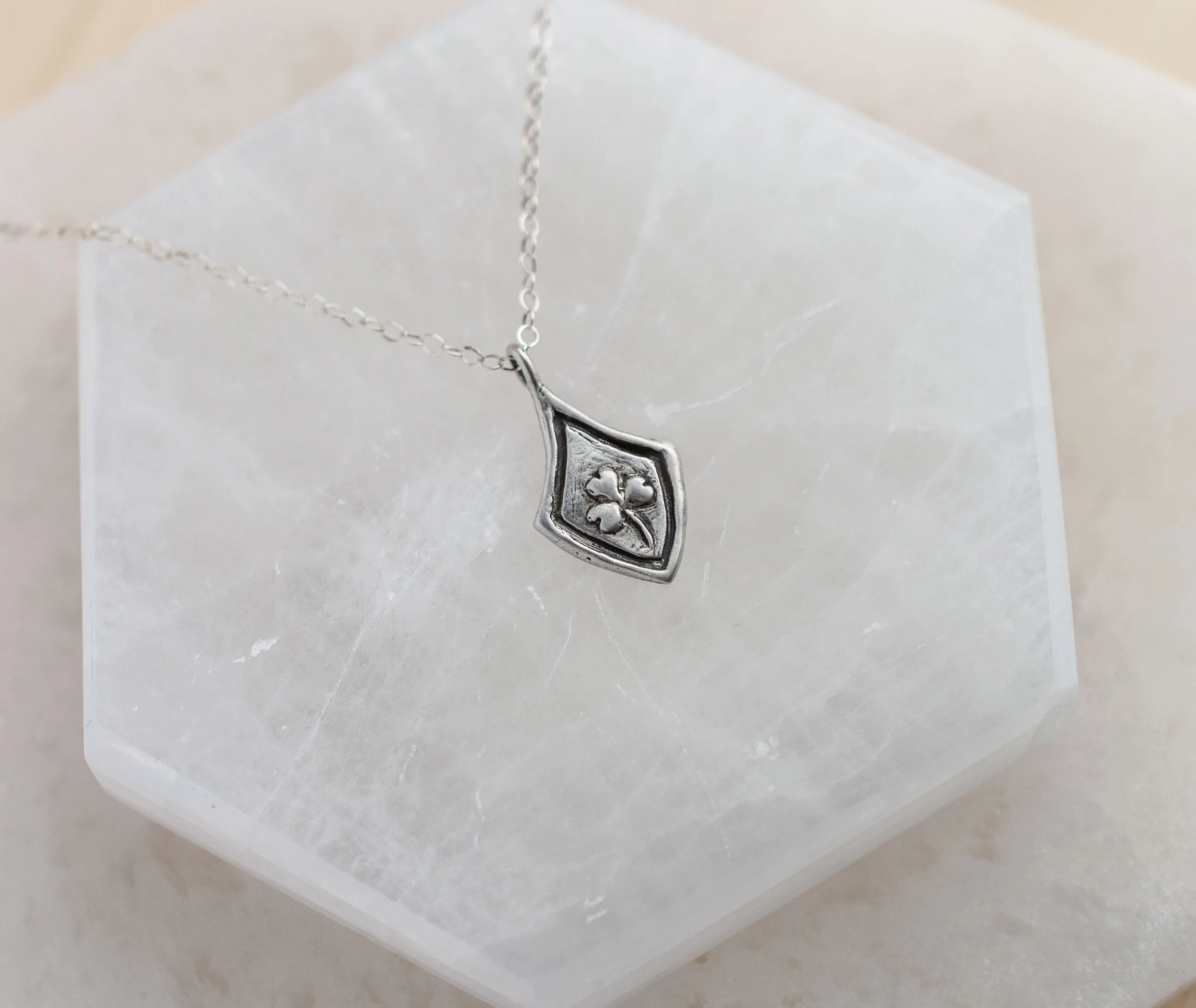 Selenite---Shamrock-Necklace-side magical symbolic jewelry talisman by Good Looking Objects.jpg