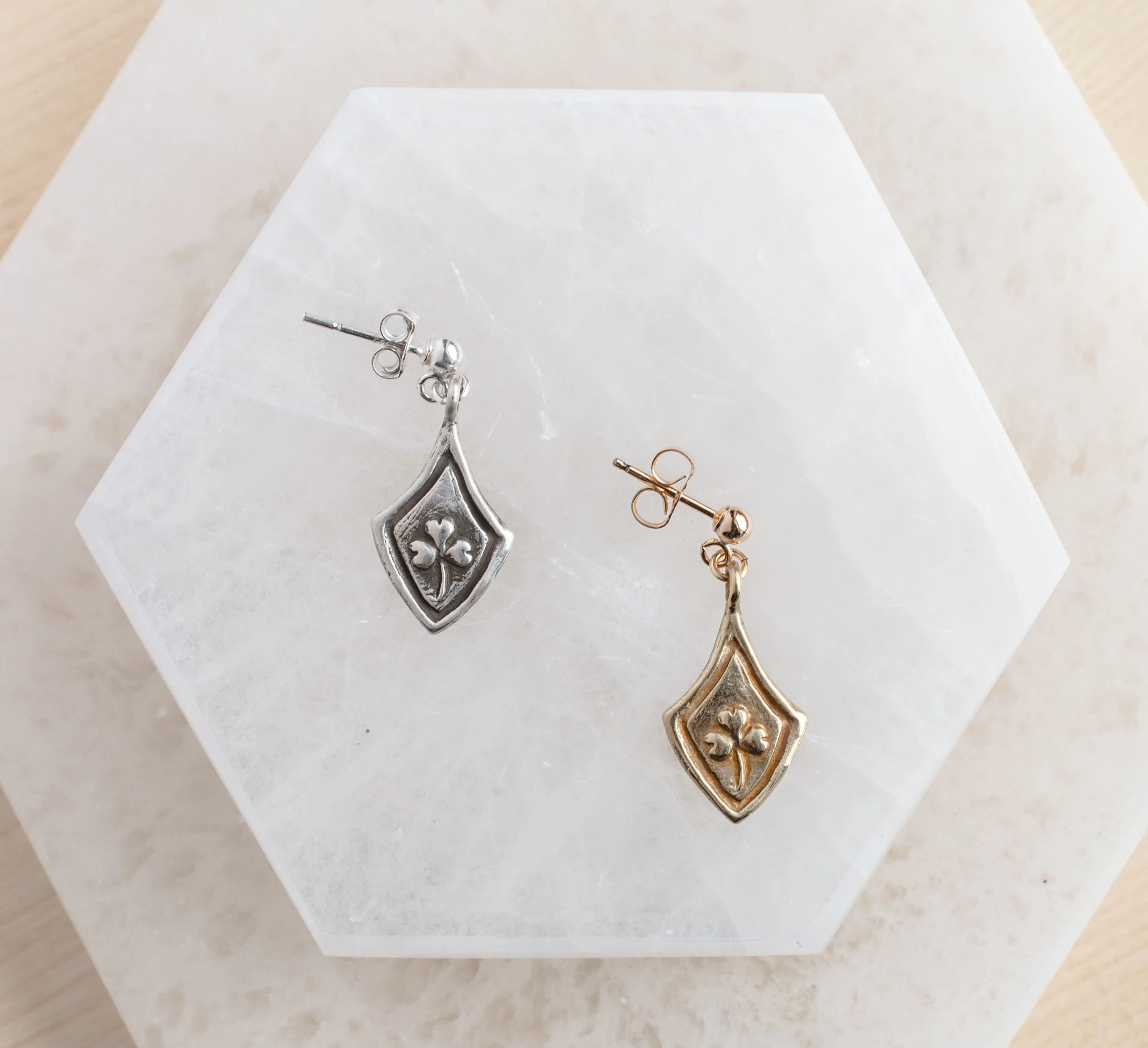 Selenite---Shamrock-Post-Earrings-sterling-brass Ireland Irish good luck magical jewelry by Good Lookin Object.jpg