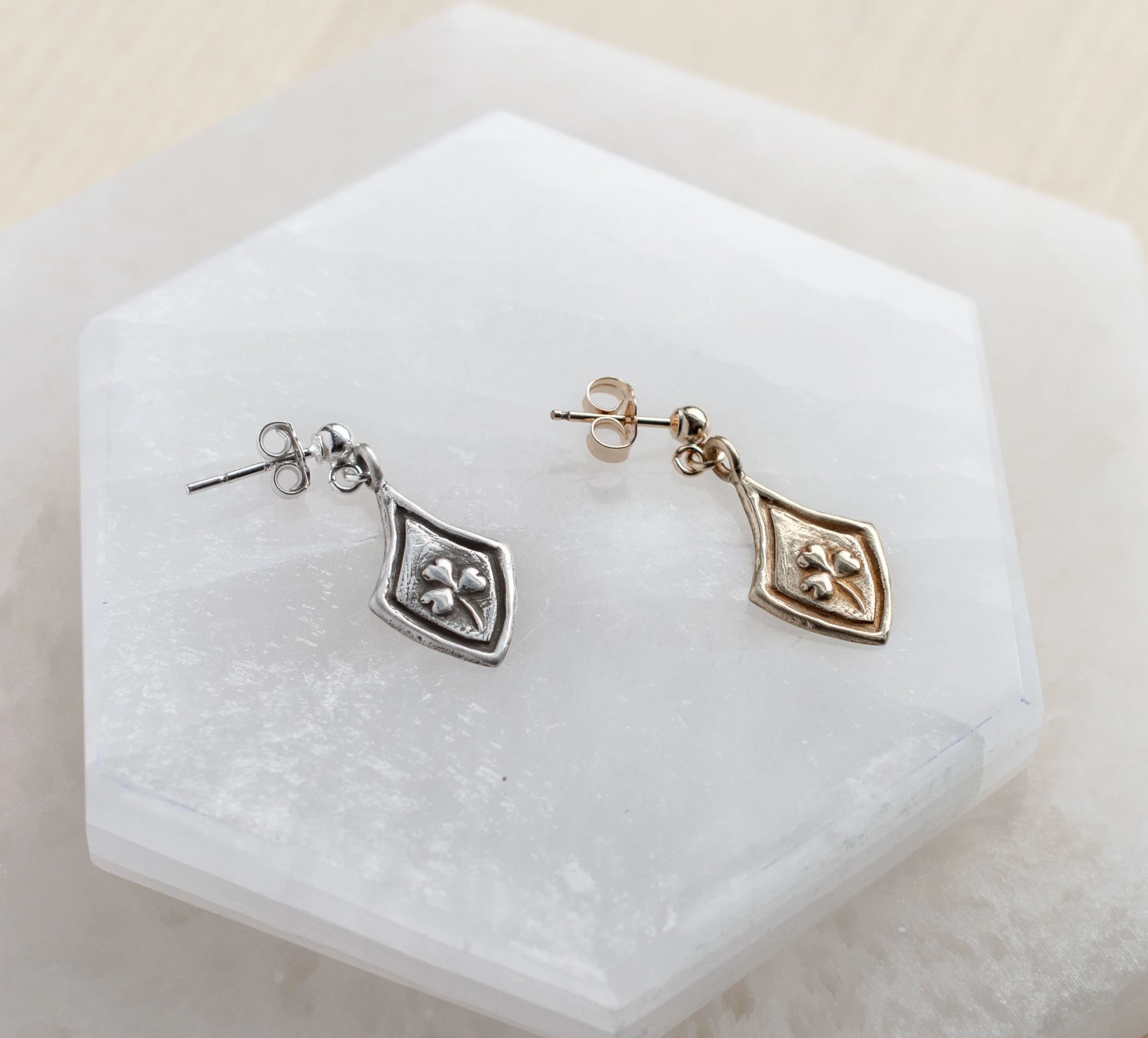 Selenite---Shamrock-Post-Earrings-silver-brass-side Ireland Irish good luck magical jewelry by Good Lookin Objects.jpg