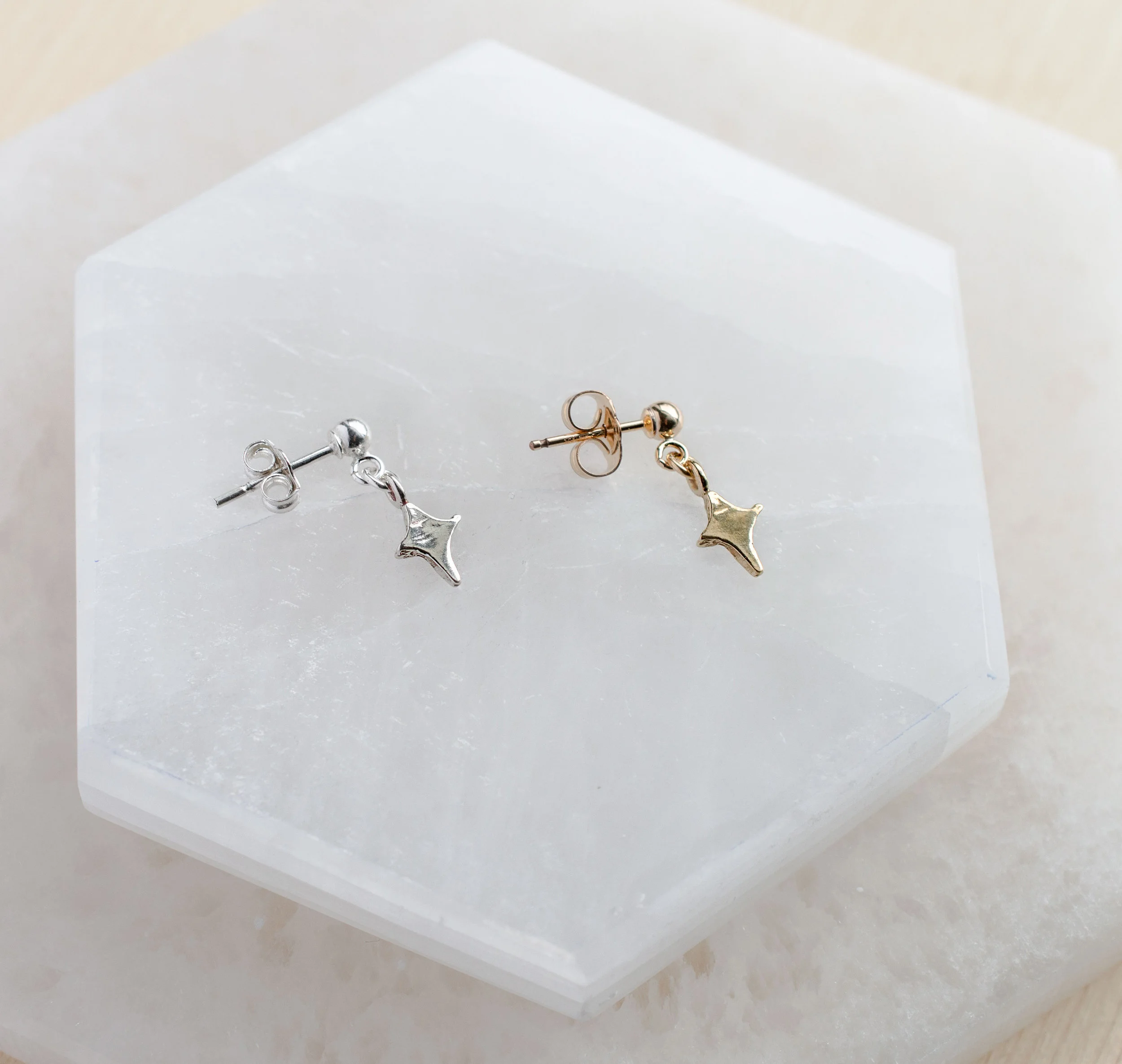 Selenite---Sparkle-Star-post-earrings-silver-bronze-side - magical celestrial sparkly casual jewelry by Good Looking Objects.jpg