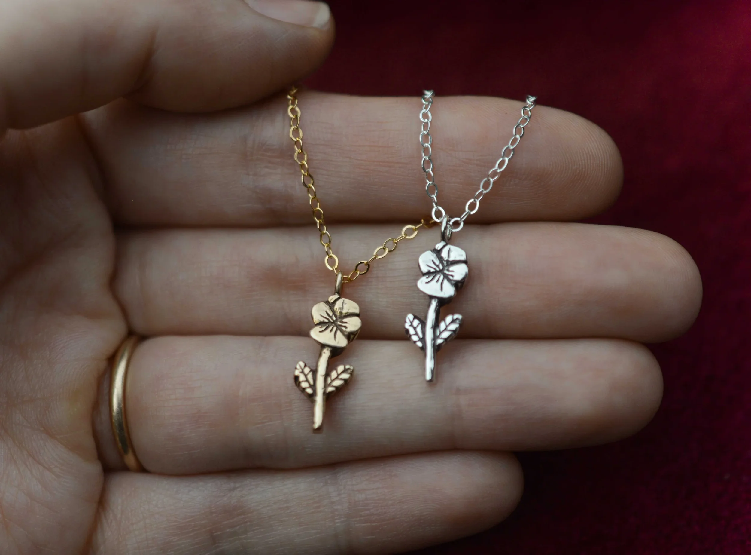 The Silver Tale Jewelry Small Pansy Flower Necklace Silver Bronze Gold .webp