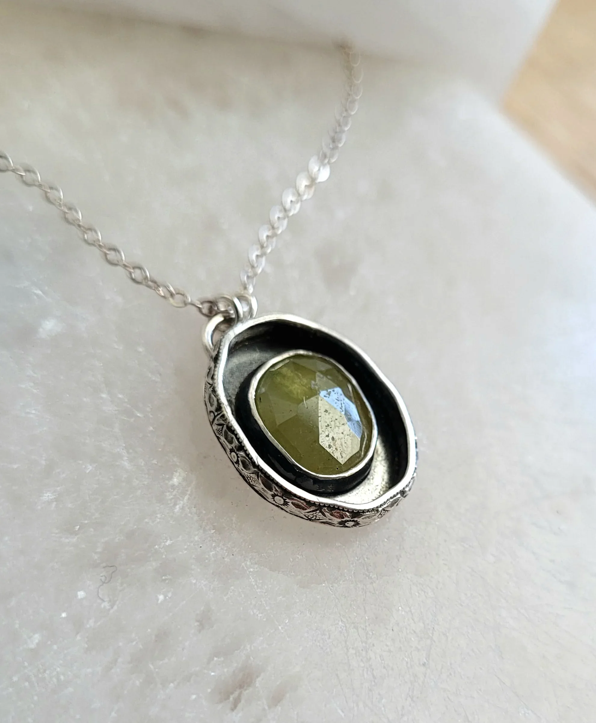 Green Sphene Framed Sterling Necklace - The Silver Tale - Sterling Silver gemstone jewelry 5.webp