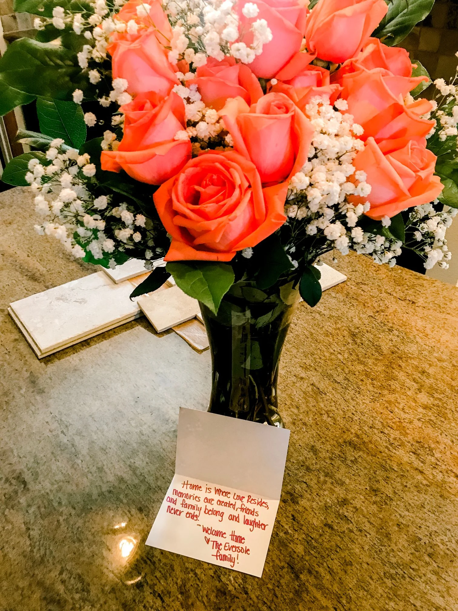 The family who sold the house had this bouquet + card waiting for us on the island the day we closed. How sweet is that!