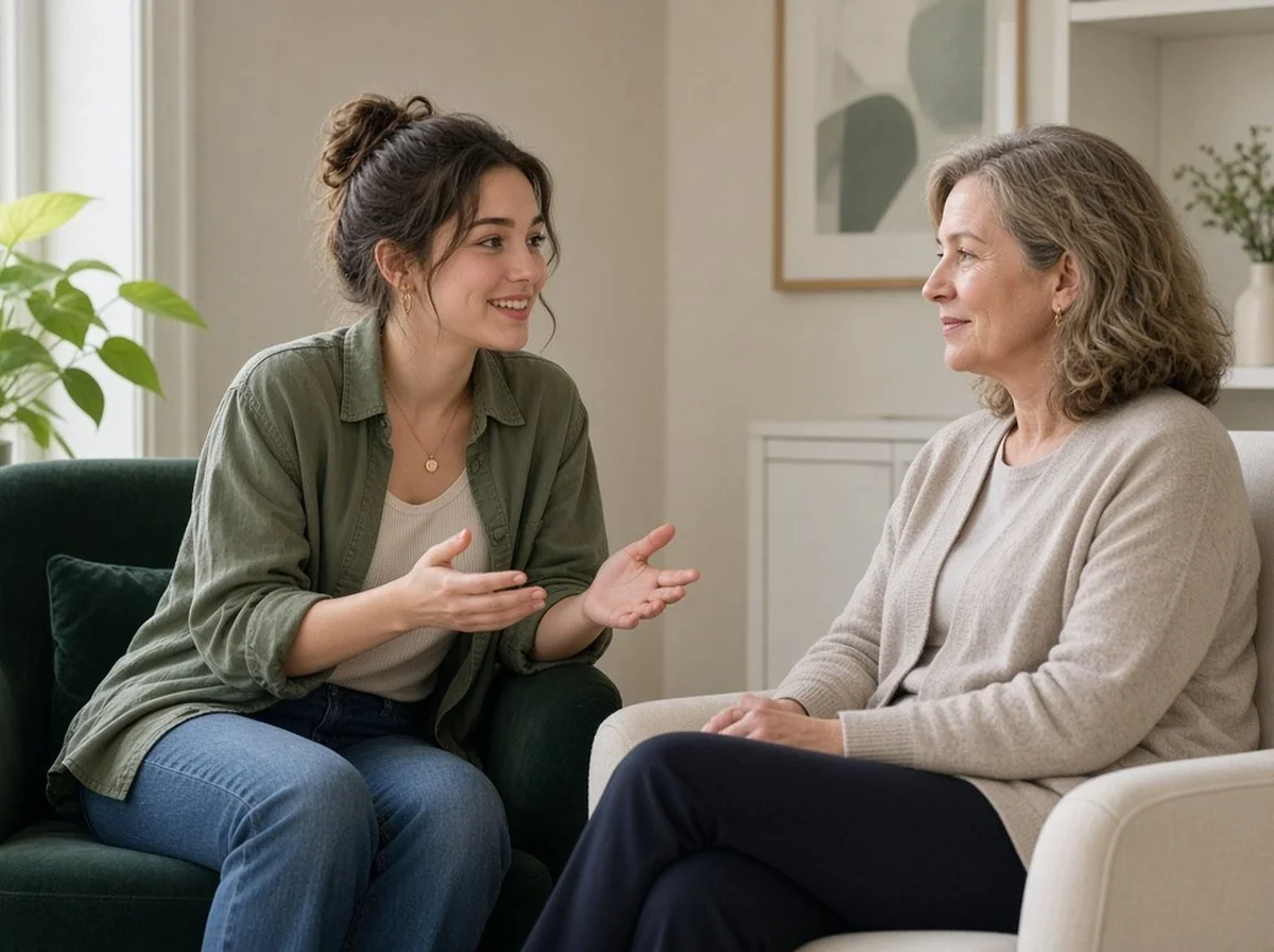 A counsellor and a university student talking face to face in a bright counselling room