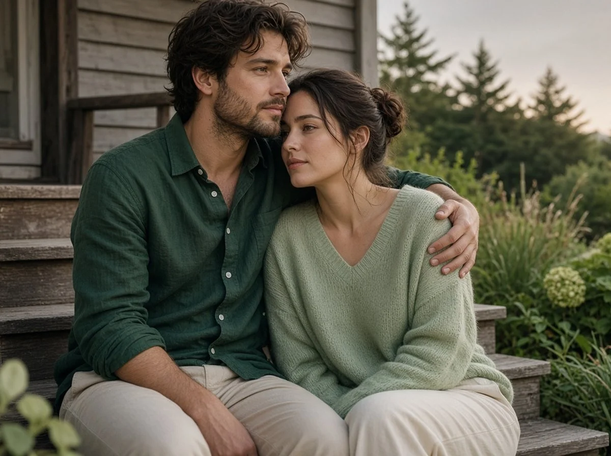 A couple leaning into each other on a porch step in soft evening light