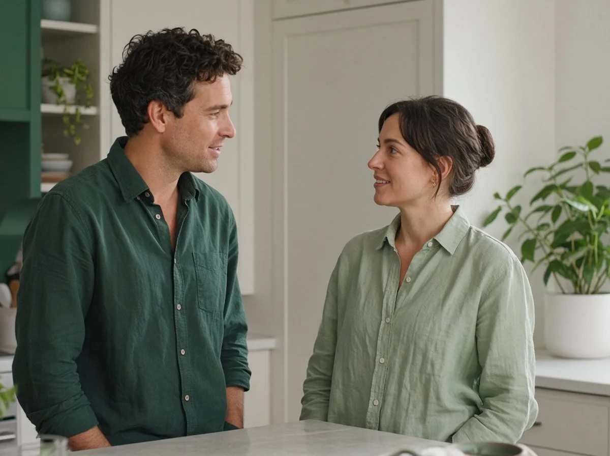 Two partners facing each other talking quietly in a kitchen