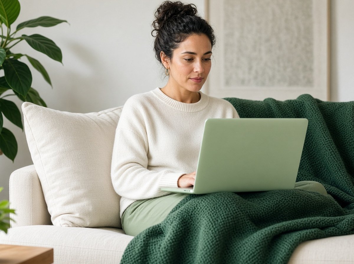 Adult calmly applying for benefits on a laptop at home