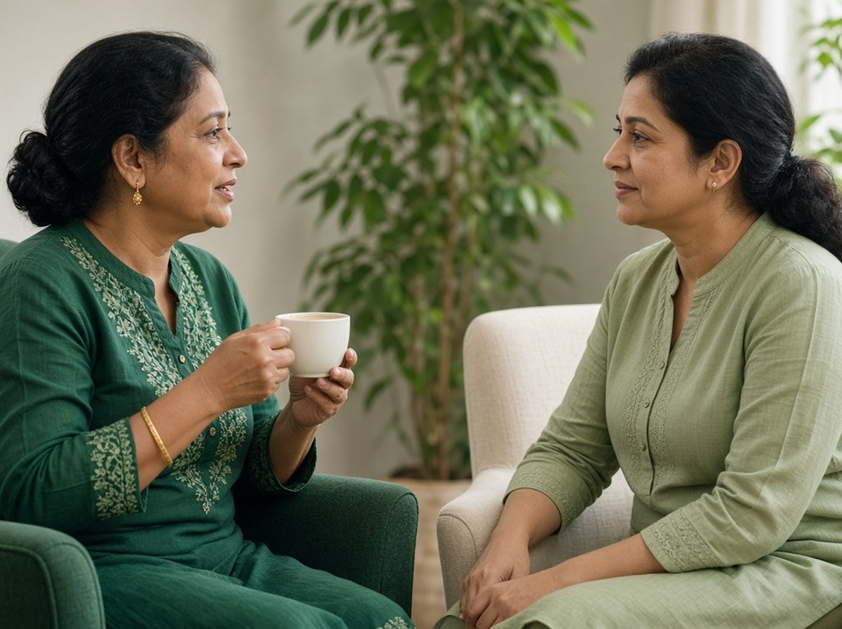 South Asian woman holding a cup of chai while talking with a South Asian therapist