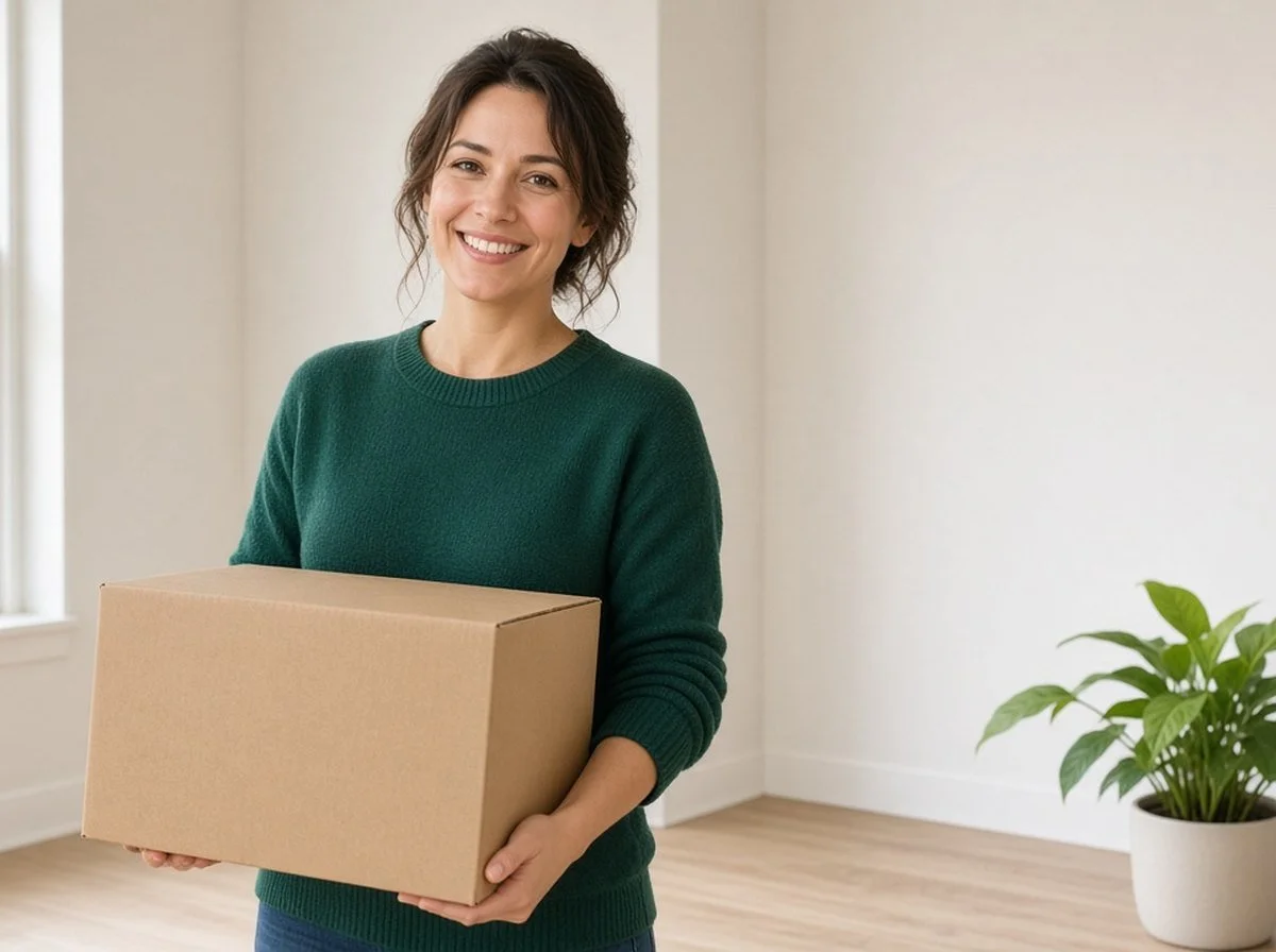 Woman carrying a moving box into an empty apartment