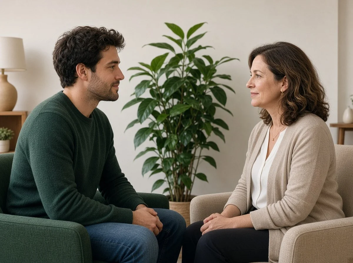 Man talking with a therapist about finding his own voice