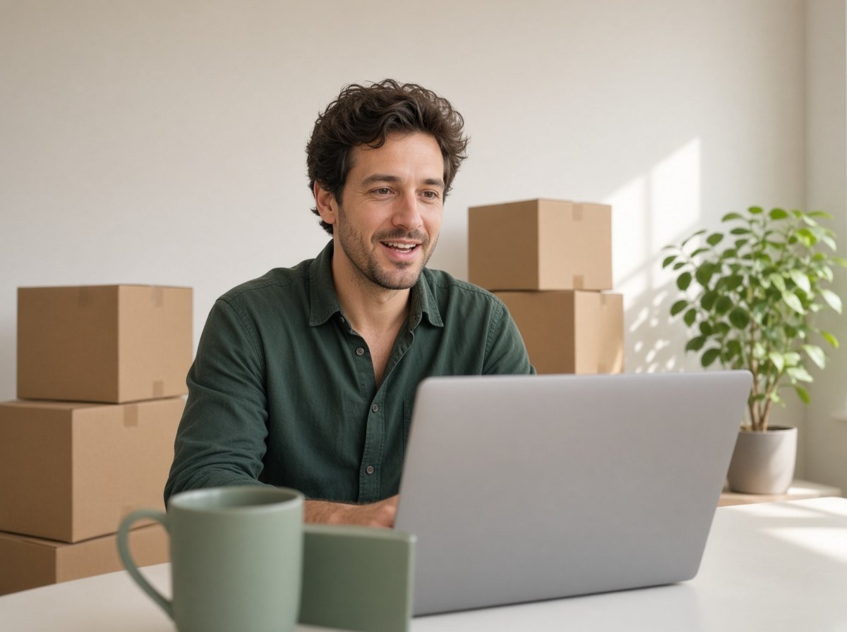 Man on a video counselling call in his new apartment
