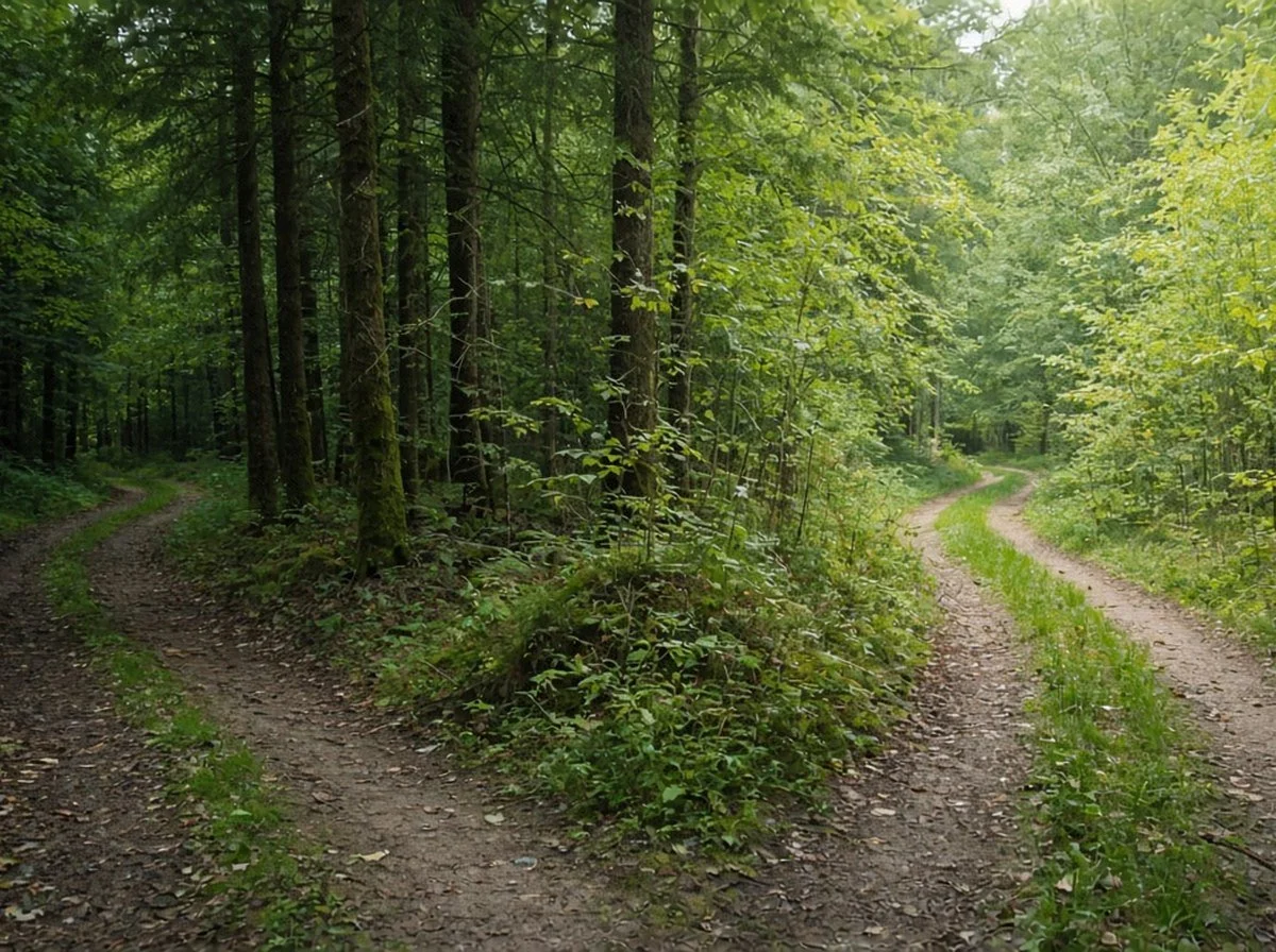 A fork in a trail as a symbol of deciding whether to make a change