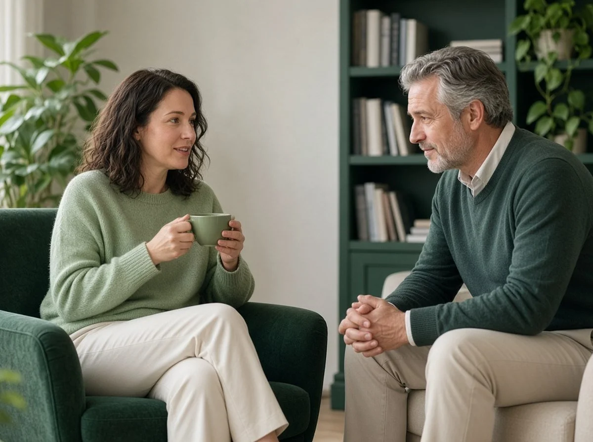 A woman talking with a counsellor over tea