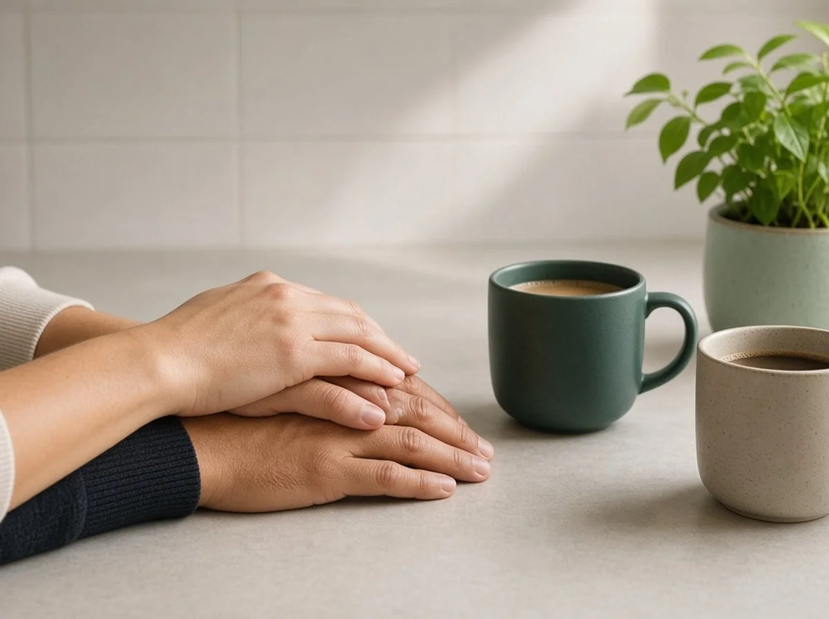 A couple shares a small moment of connection at home