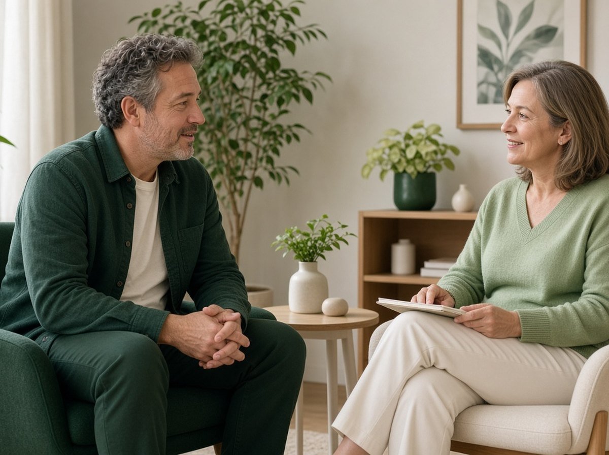 Adult in a calm, supportive conversation with a therapist