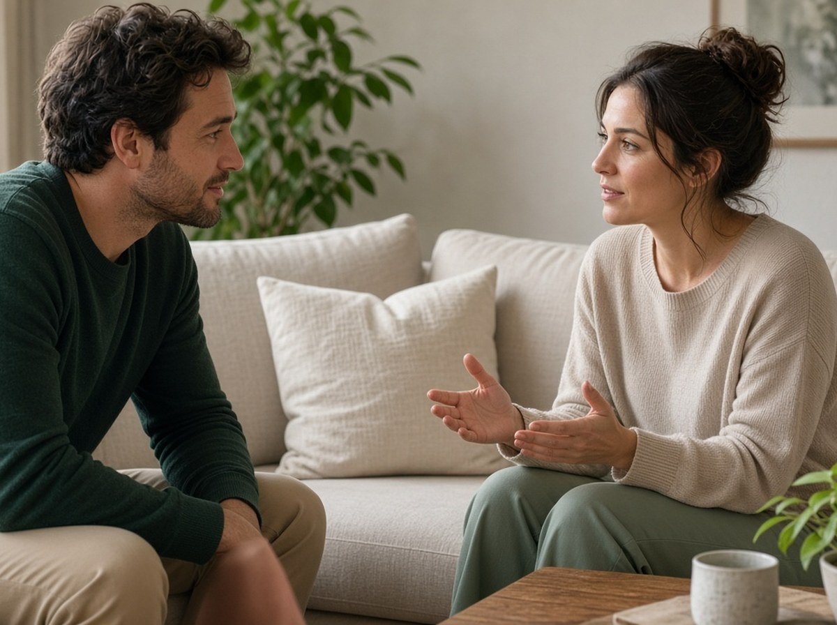 A couple sitting face to face on a couch, both faces visible, talking gently