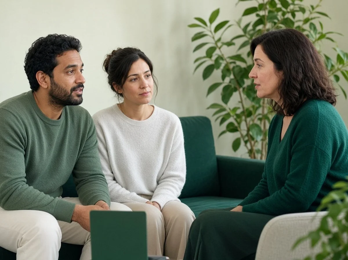A couple on a green sofa talking with a counsellor
