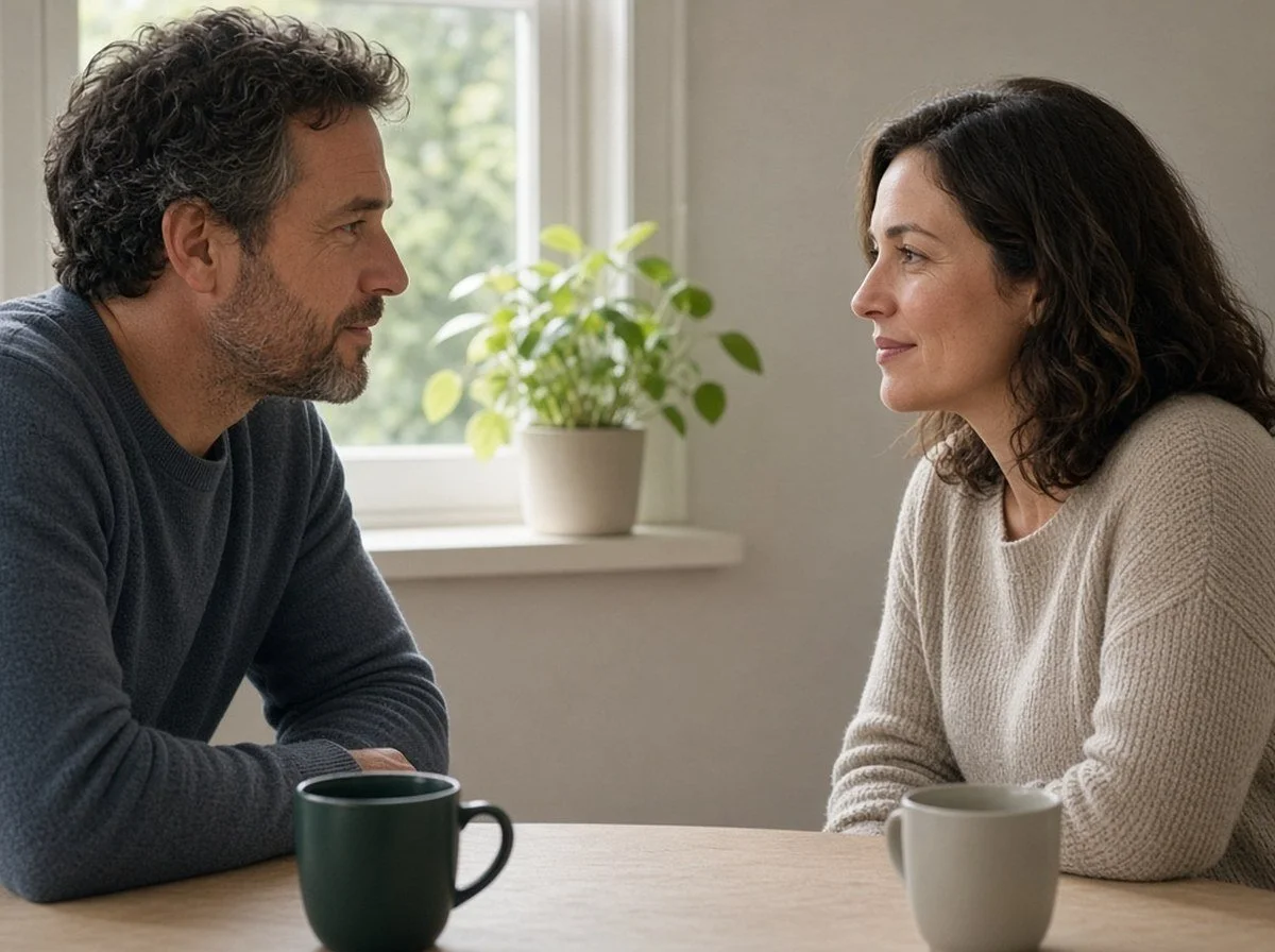 A man and a woman sitting face to face at a kitchen table talking, both faces visible