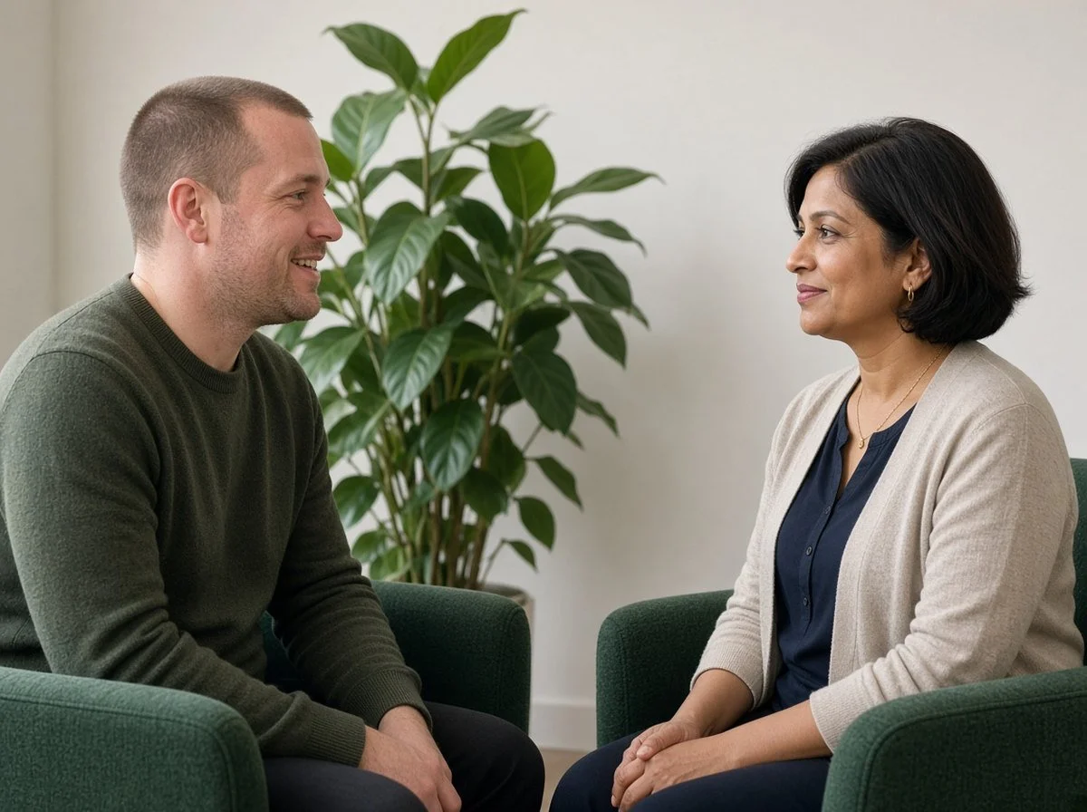Man talking openly with a counsellor in a bright office
