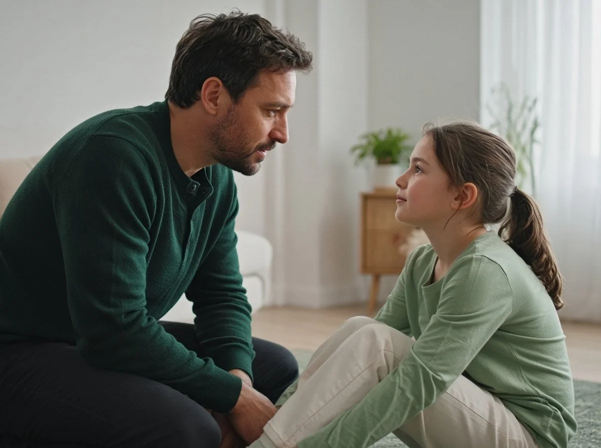 Father kneeling at eye level to talk with his daughter
