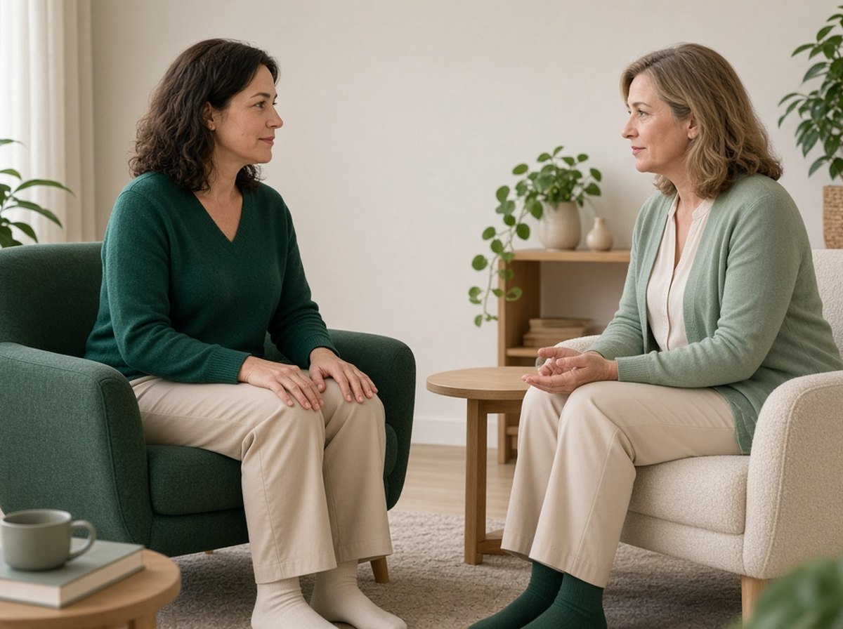 Woman in a green armchair with hands on her knees as a therapist guides a grounding exercise