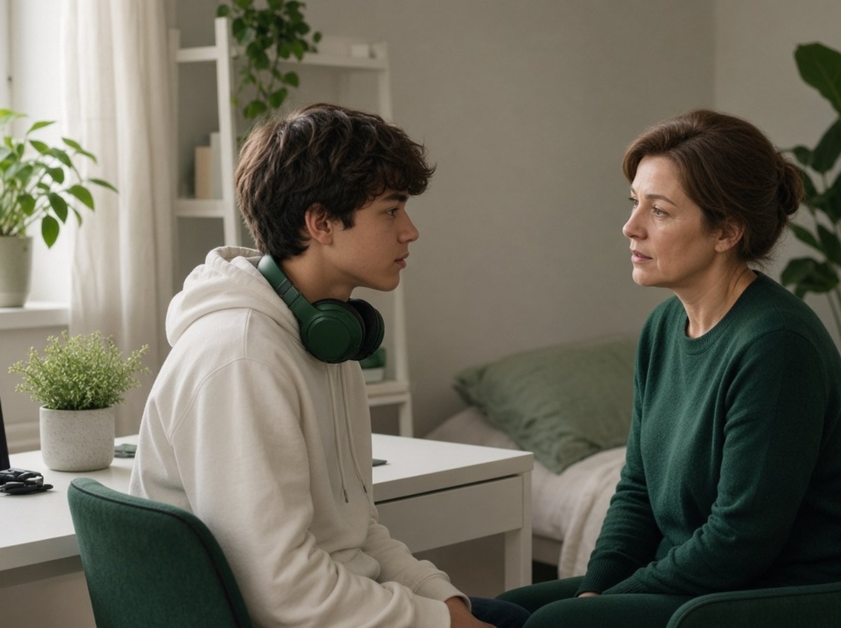 Teen with a headset around his neck talking calmly with his mother in his bedroom