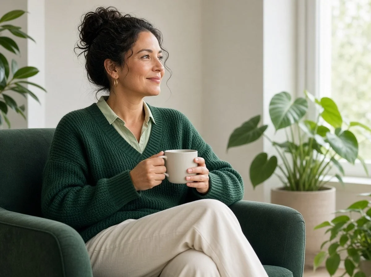 Adult relaxing with a warm drink in a bright, calm room