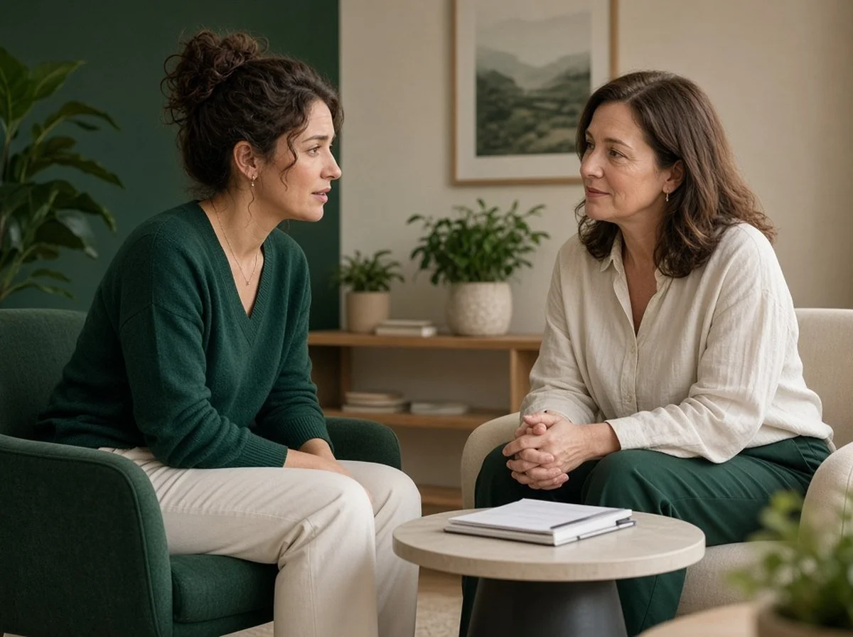 A woman in a reflective conversation with a therapist