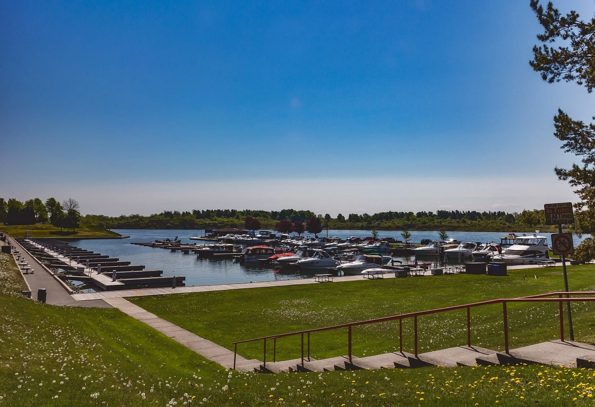 Boats tied up at Marina 200 on the St. Lawrence River, seen from a grassy slope with steps in Cornwall.