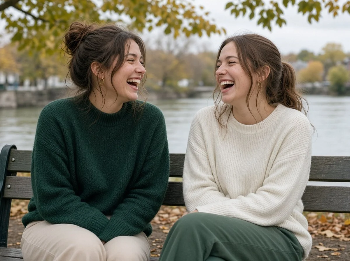 Two young women laughing on a riverside bench in autumn