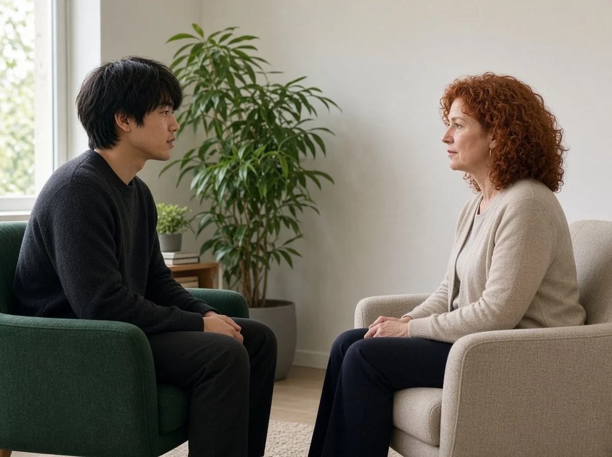 Young man talking with a therapist about focus and routines