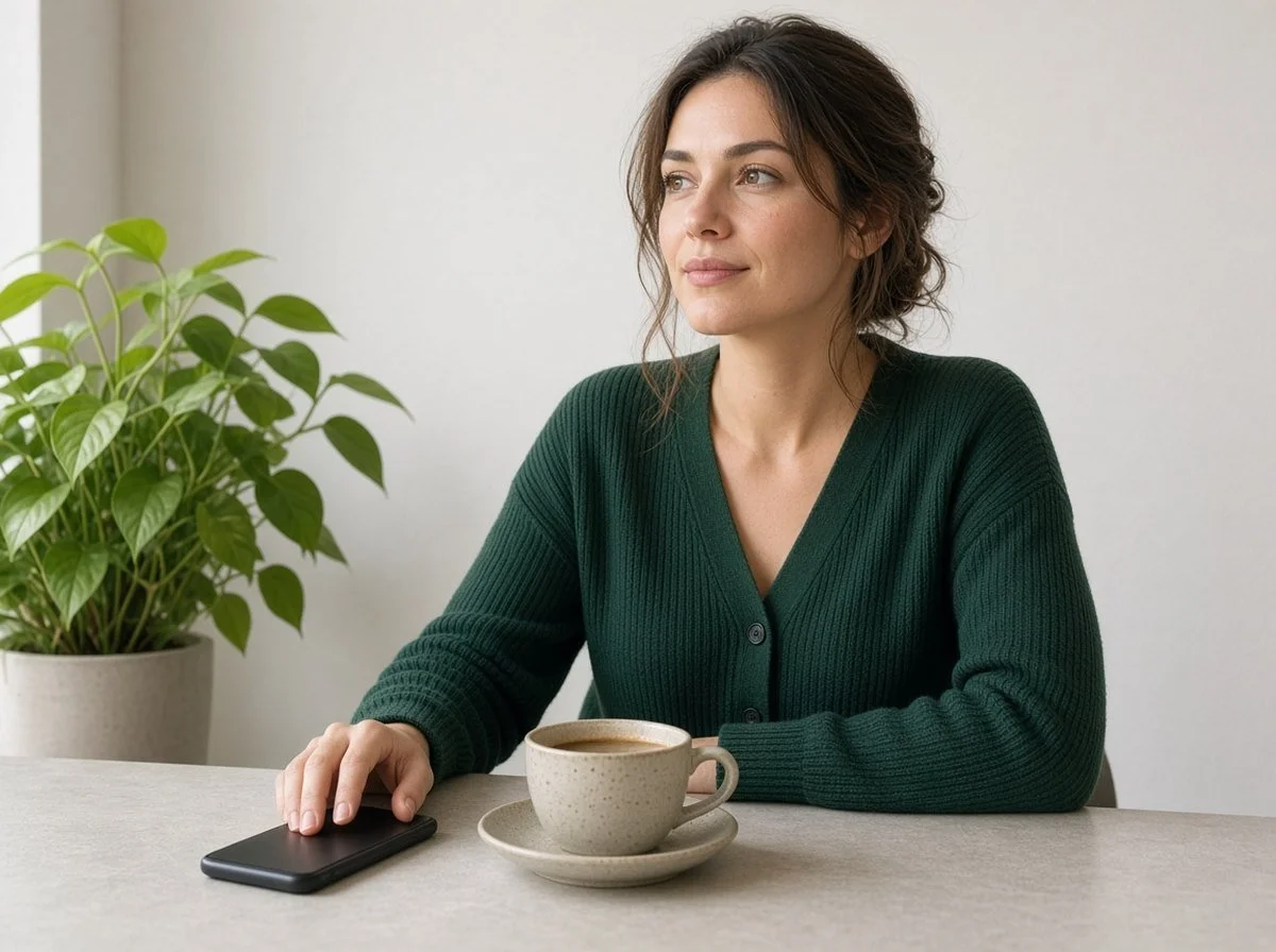 Woman setting her phone face-down at a cafe with a calm expression