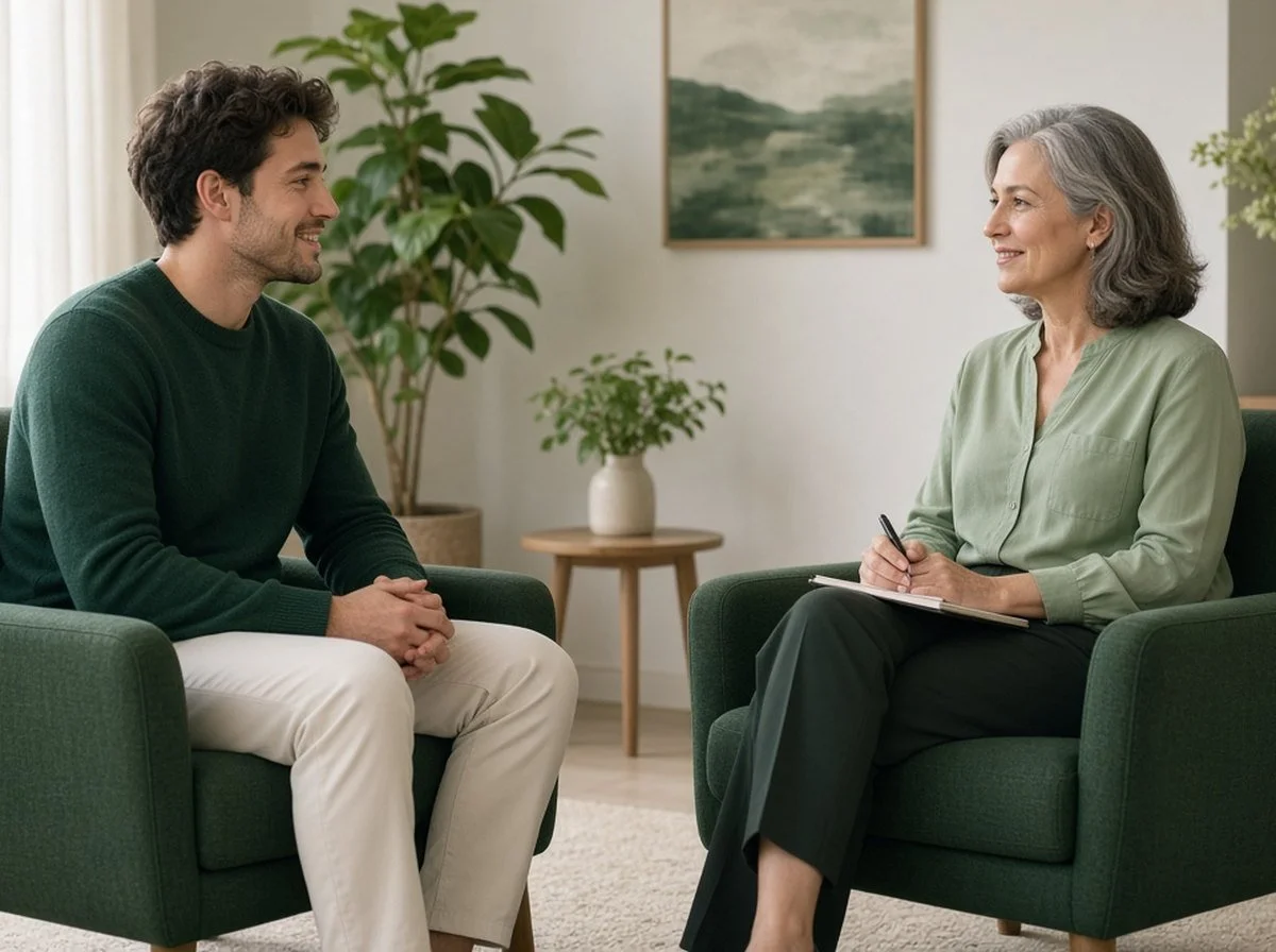 A young man talking with a therapist
