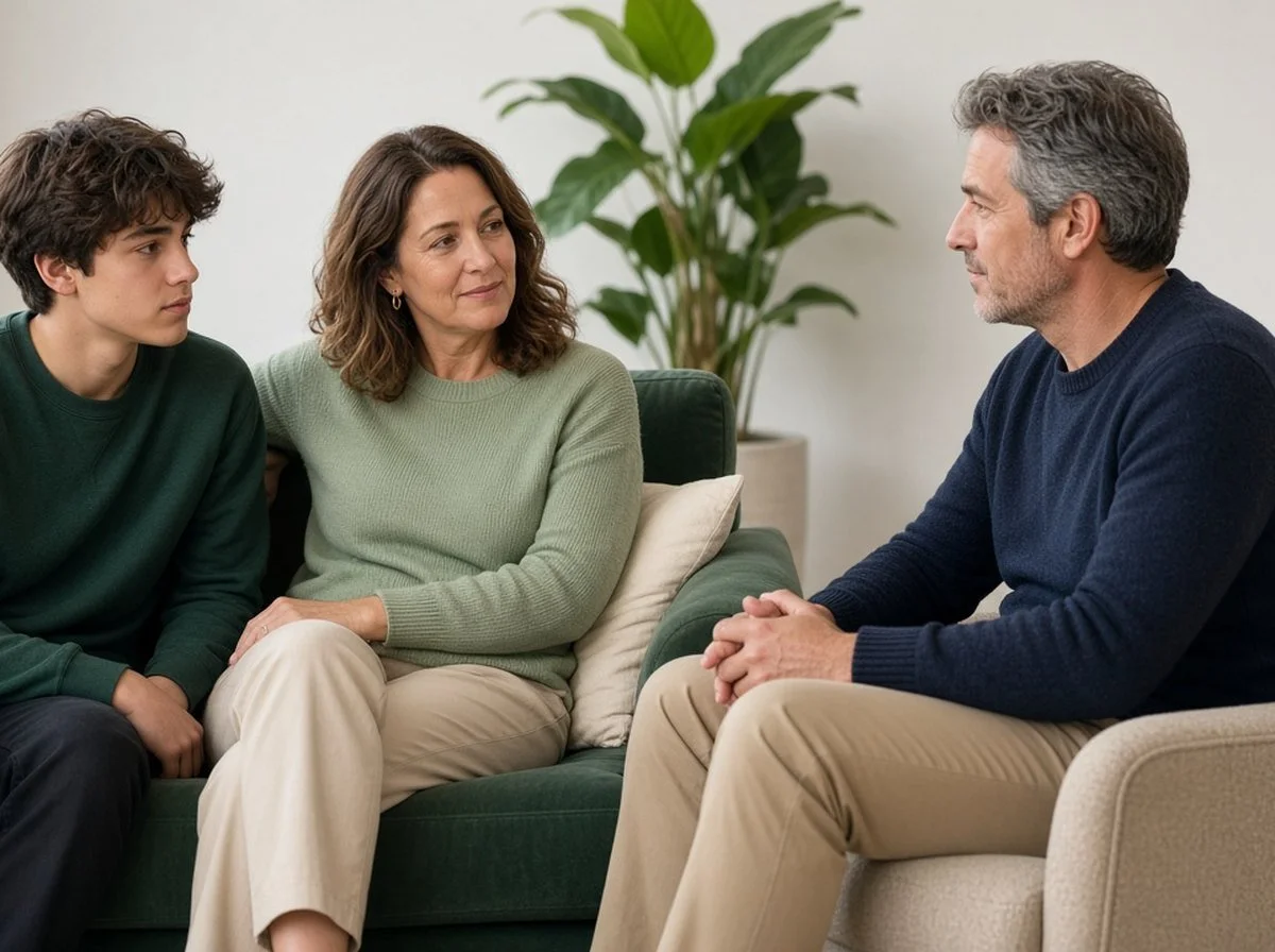 Teen boy and his mother on a sofa talking with a male therapist
