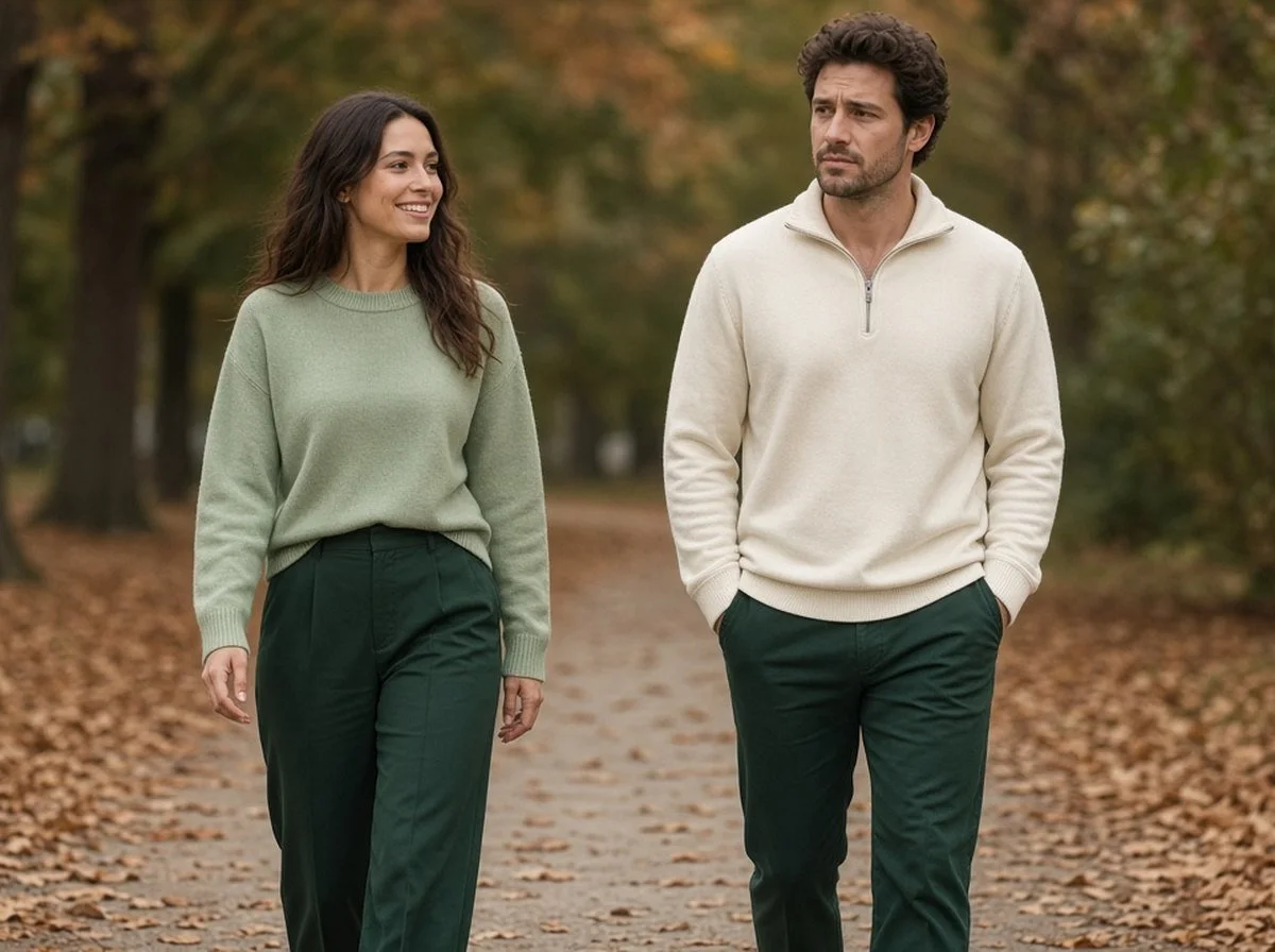 Woman smiling and a man looking guarded on an autumn park path