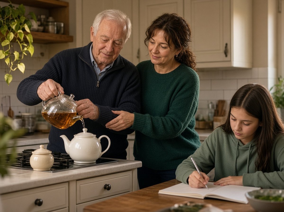 Woman helping her father pour tea while her daughter does homework