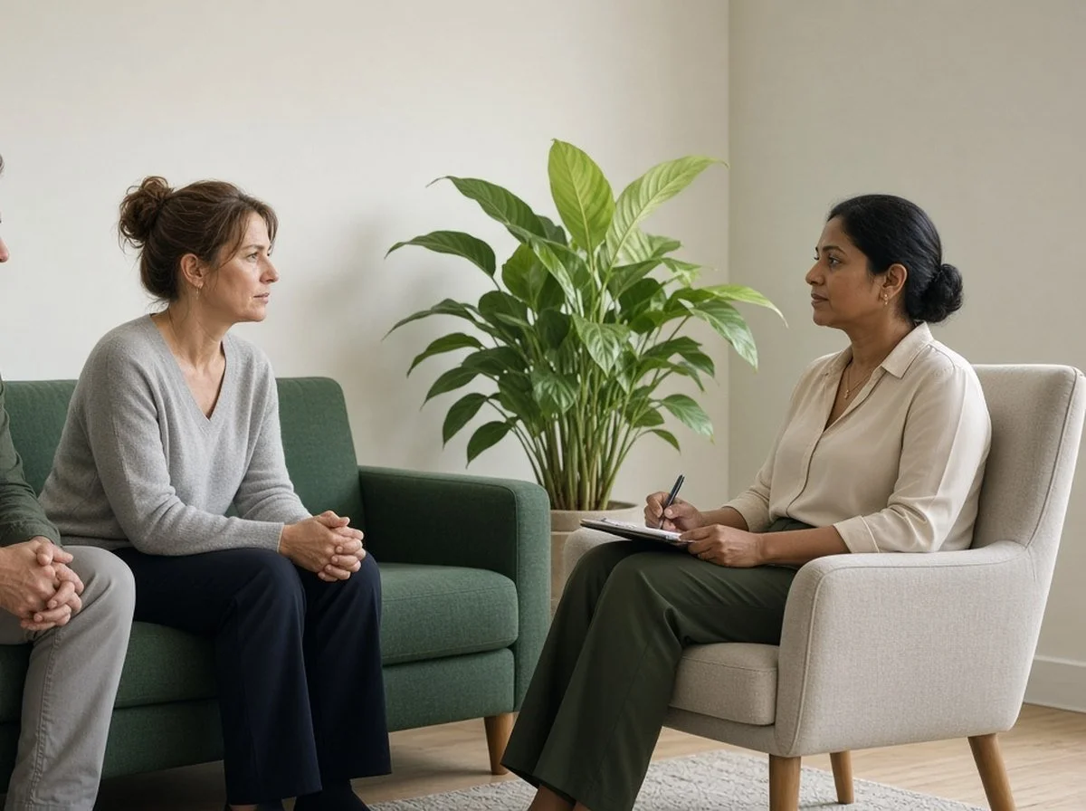 Couple sitting apart on a sofa across from a woman therapist