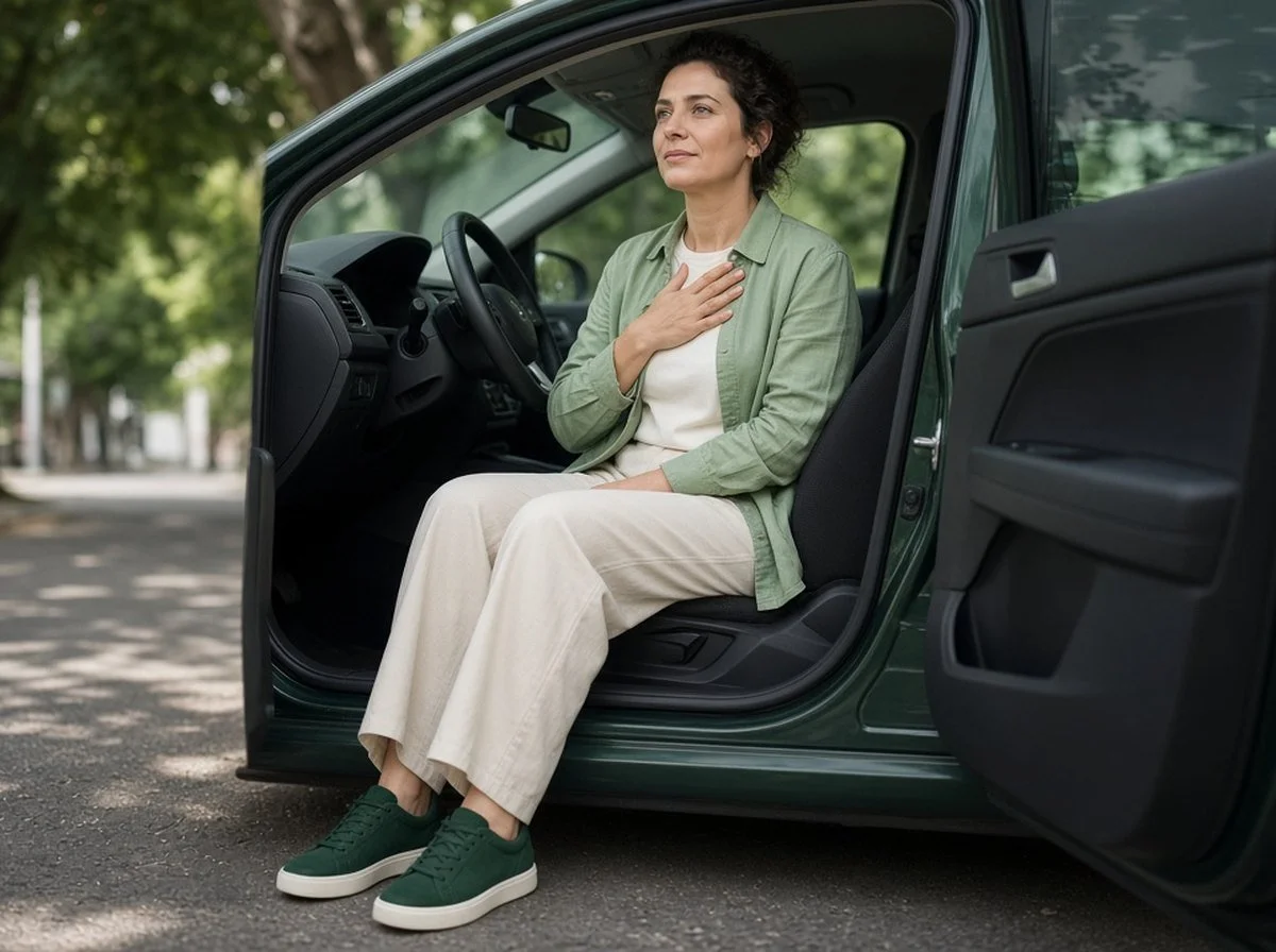 Woman sitting in the open door of a parked car with her hand on her chest