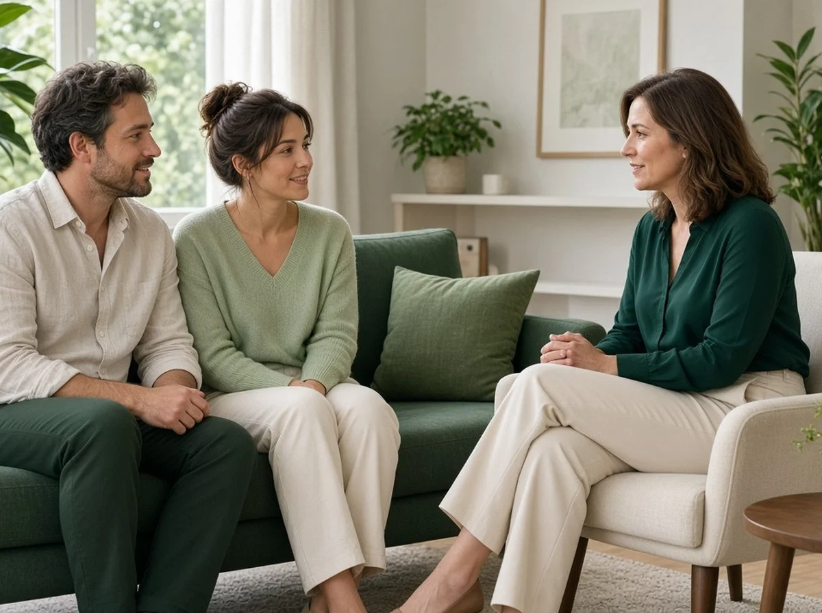 A couple talking with a therapist in a bright counselling room