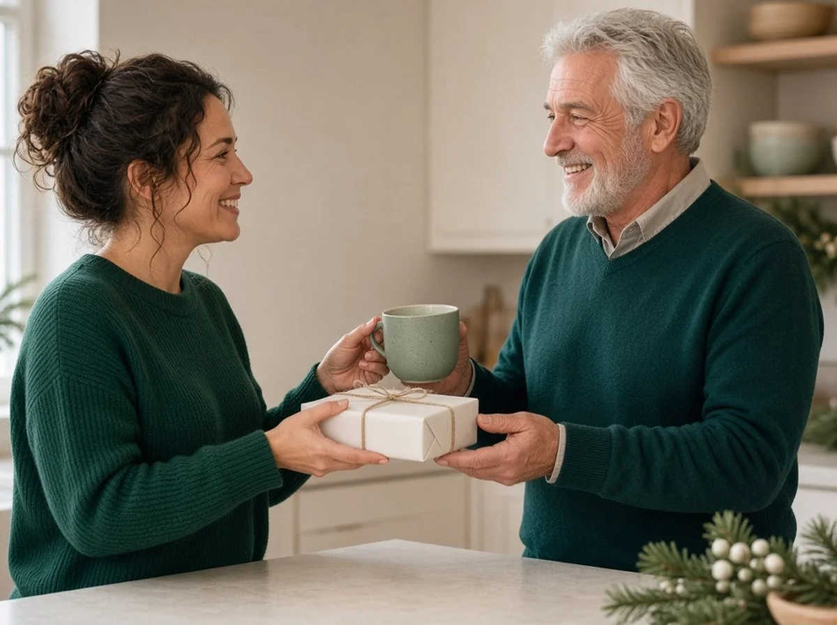 An adult daughter handing a wrapped gift and a warm drink to her caregiver father