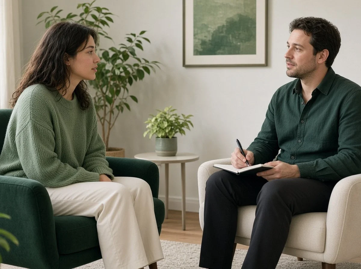 Young woman talking with a male therapist