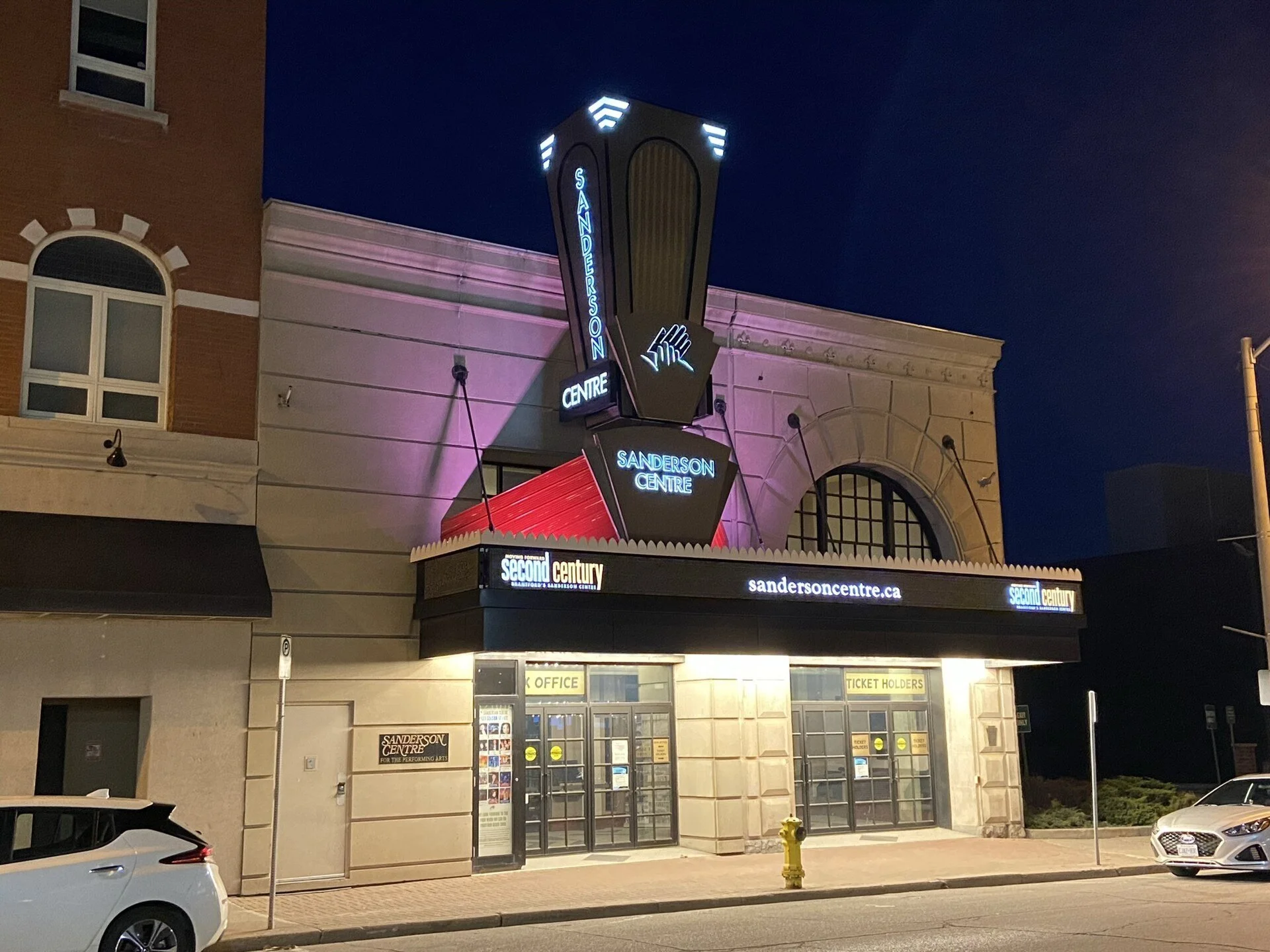 The marquee of the Sanderson Centre for the Performing Arts on Dalhousie Street in Brantford.
