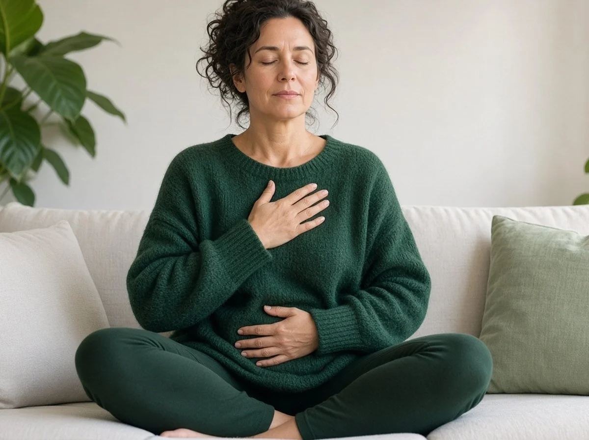 Woman sitting cross-legged on a sofa, eyes closed, one hand on her chest and one on her stomach