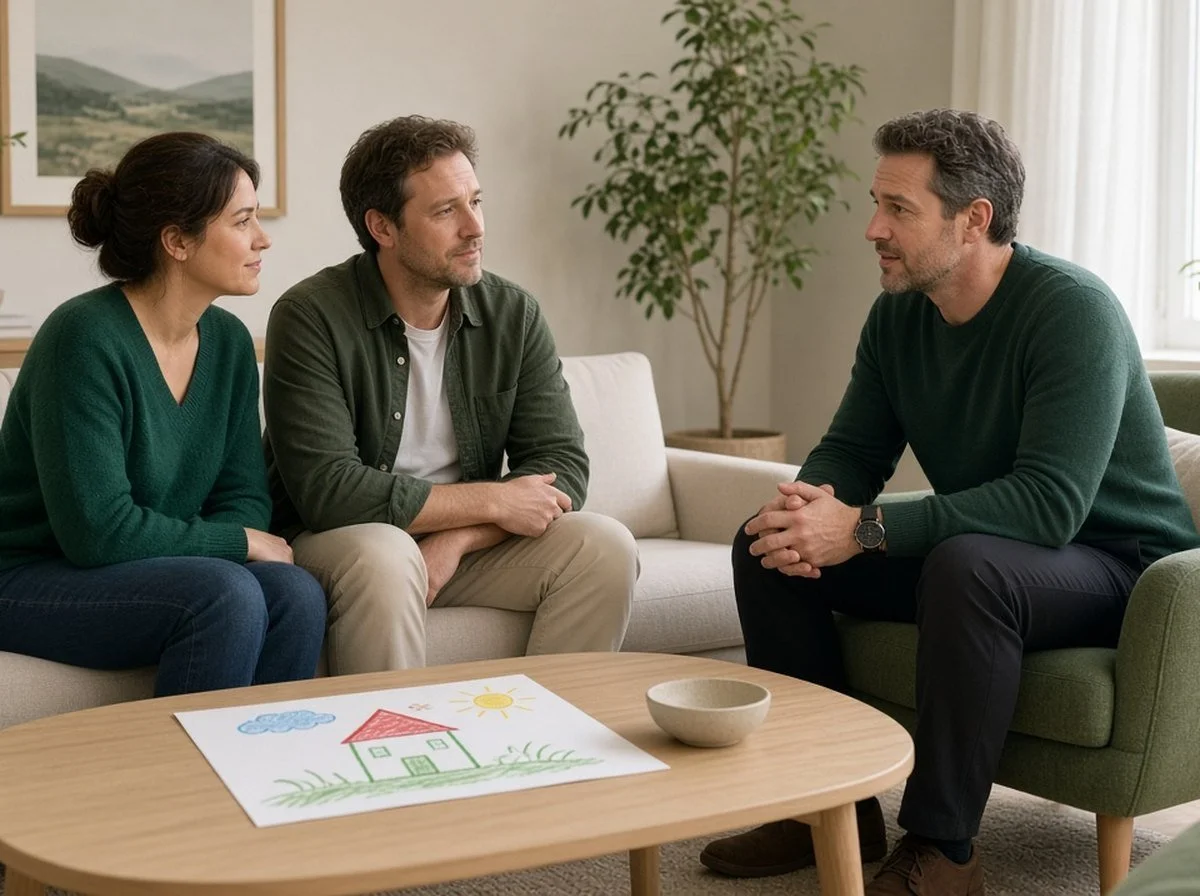 Two parents talking with a therapist about parenting