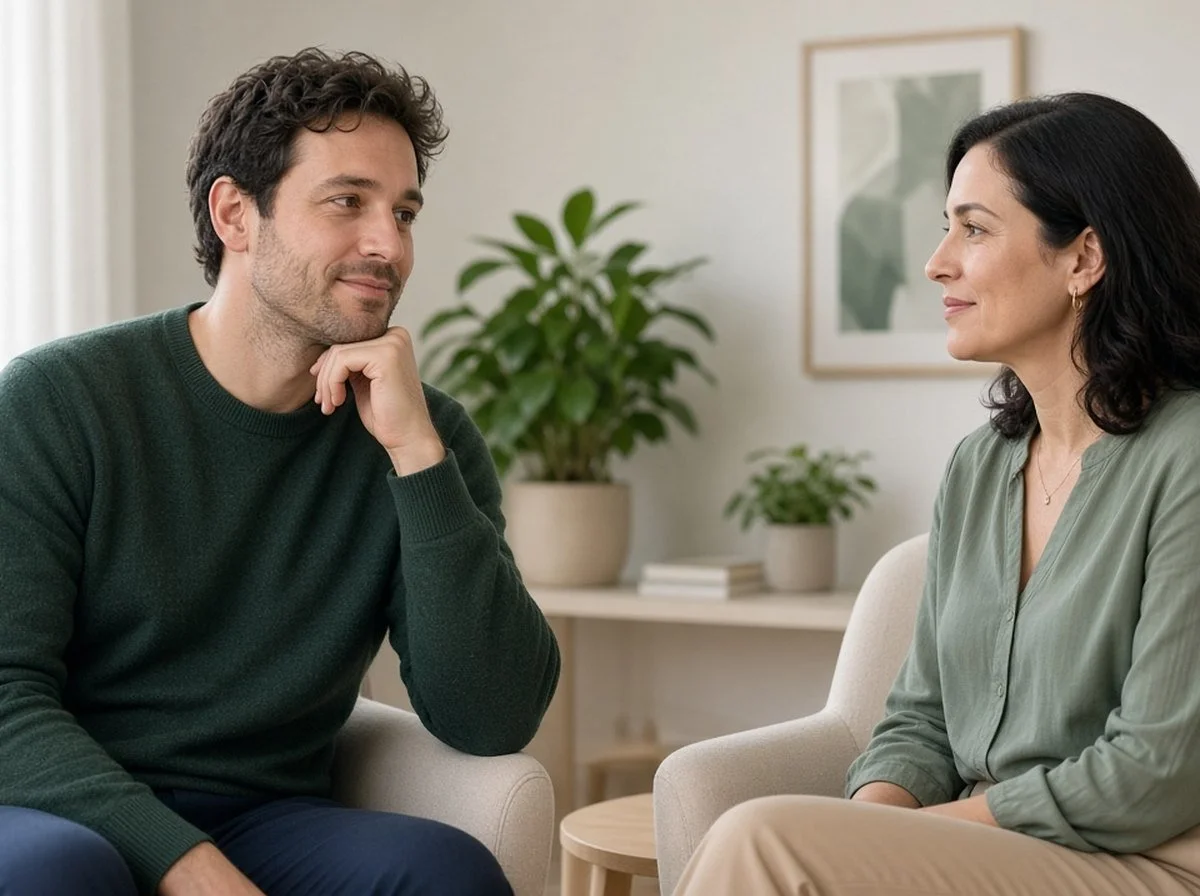 Man talking with a psychologist in a calm consulting room