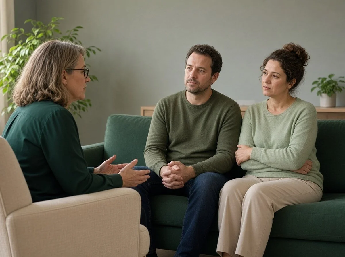 A couple and a counsellor facing each other in a calm counselling room