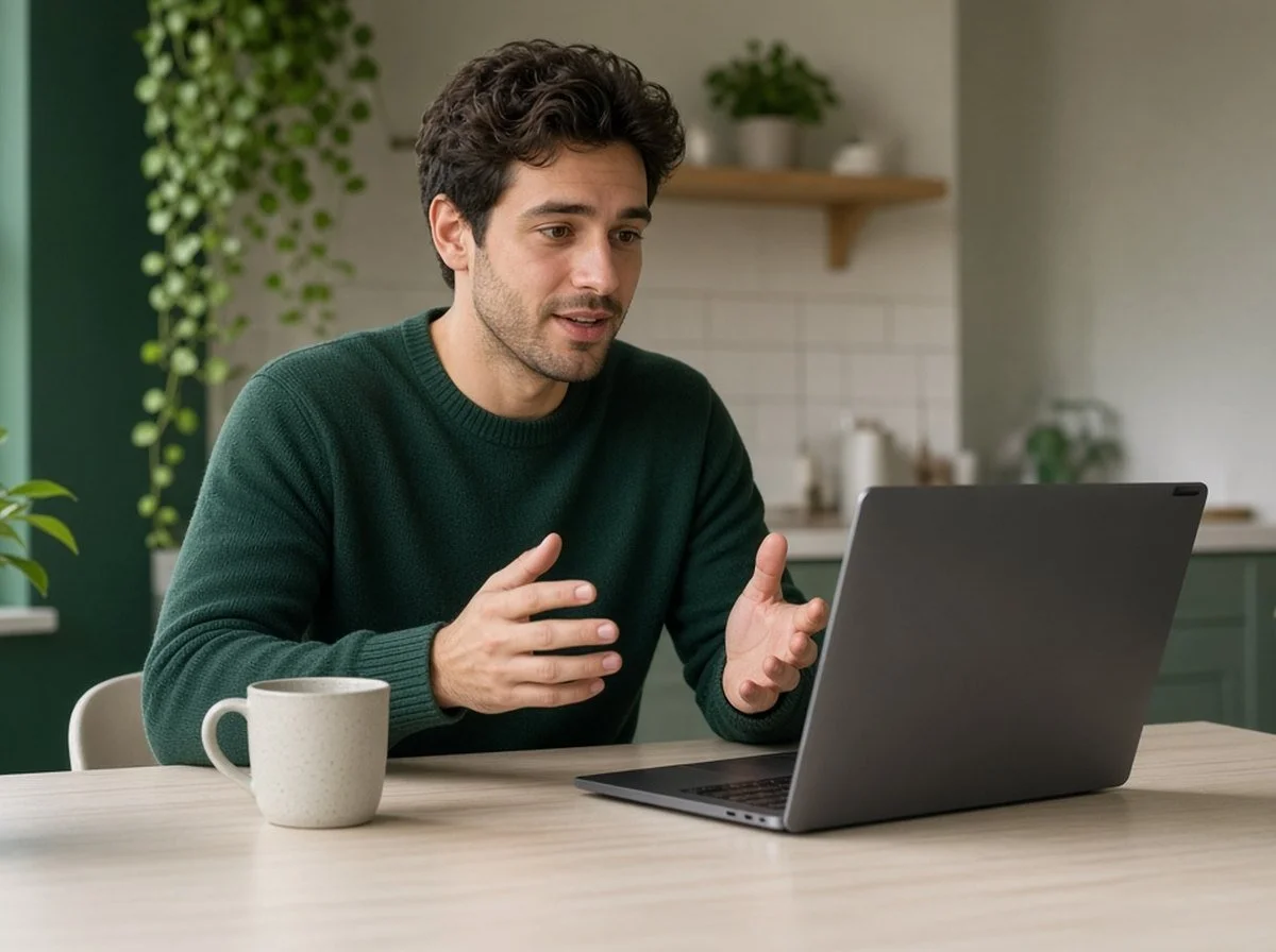 A younger man in an online therapy session at home
