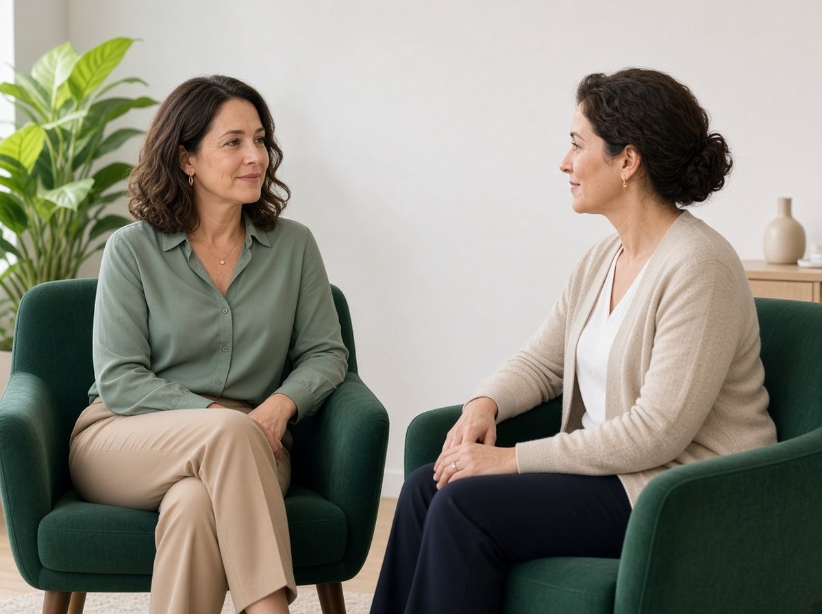 Woman talking with a therapist in a bright, private counselling office