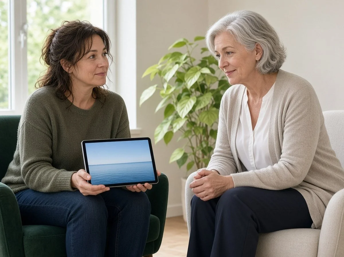 A counsellor and a client talking face to face, looking at a photo of the sea together on a tablet