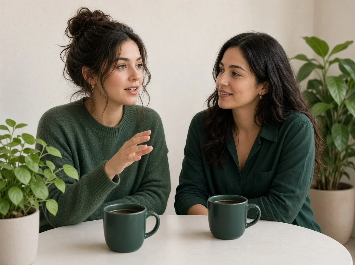 Two friends talking over coffee, one listening warmly